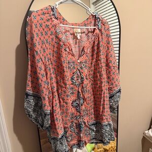 fig and flower Coral Printed V-Neck Tunic with Navy Accents